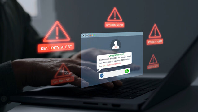 Phishing and scam, identity theft and online banking protection. Modern financial fraud and cybersecurity scam concept with warning symbols and secure system interface.	

