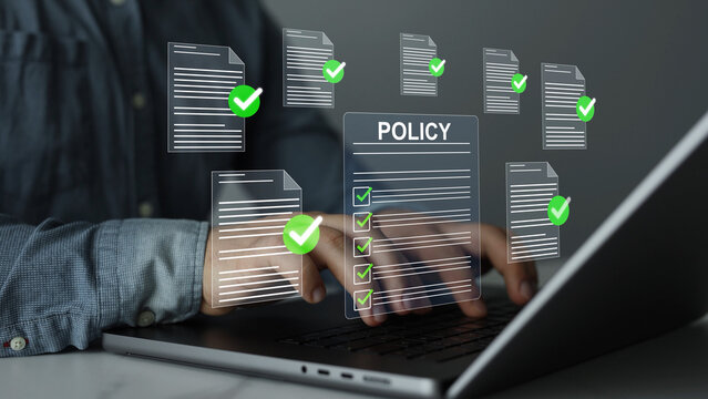 Modern governance, legal standards, policy management ensuring transparency, safety, structured organizational control.Compliance law,corporate rules concept with documents, checkmarks, regulation	
