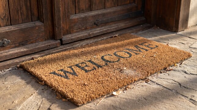 Angled View of Worn Welcome Mat by Rustic Wooden Door