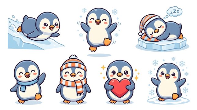 Set of cute cartoon penguins in winter clothing and various activities on white background