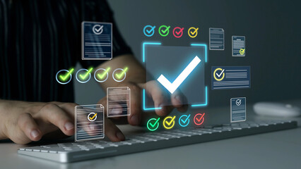 Obraz premium Business person in computer doing online data documentation checklist survey. Productivity document check approval and filling survey form online.Fast checklist,clipboard task business management. 