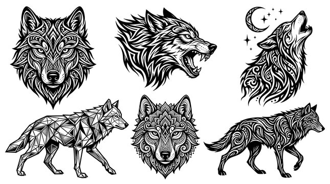 Set of black and white tribal wolf illustrations, vector graphic collection featuring geometric, ornamental, and snarling wolf designs for tattoos and apparel prints