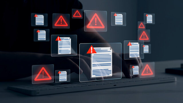 Alert concept showing scam or fraud document warning digital, highlighting cybersecurity, data protection, identity risk, and online threats in modern communication systems	
