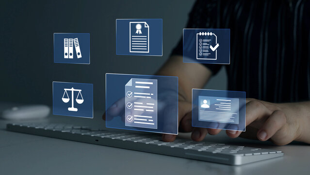Modern governance, legal standards, policy management ensuring transparency, safety, structured organizational control.Compliance law,corporate rules concept with documents, checkmarks, regulation	

