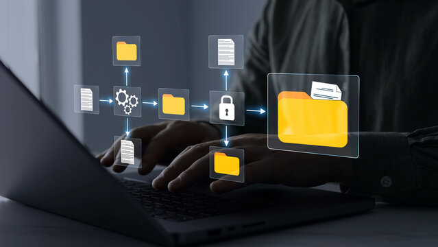 Document management system with file folders and archive storage. Digital organization helps manage records, data and business information.