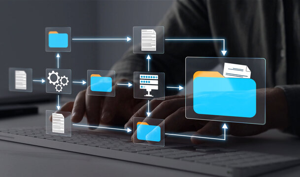 Document management system with file folders and archive storage. Digital organization helps manage records, data and business information.