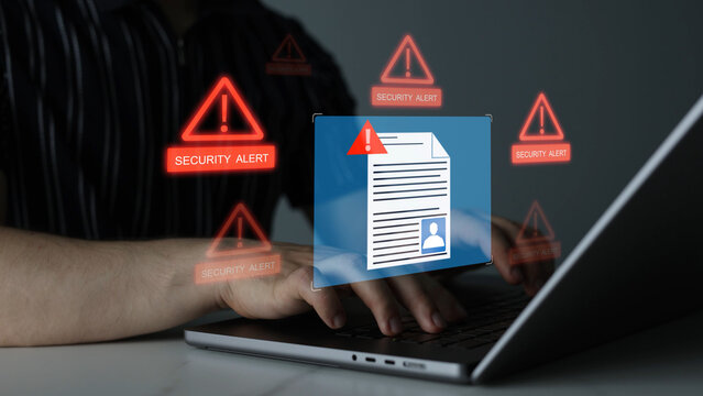 Personal data employee hacking concept with cybercriminal accessing confidential documents, digital files and sensitive information during online security breach and identity theft attack.	
