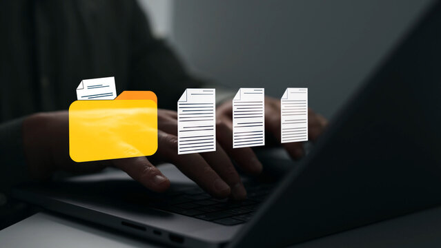 Digital document management system with organized files, secure storage and workflow automation. Business data organization, cloud archive, enterprise records and office productivity concept.	
