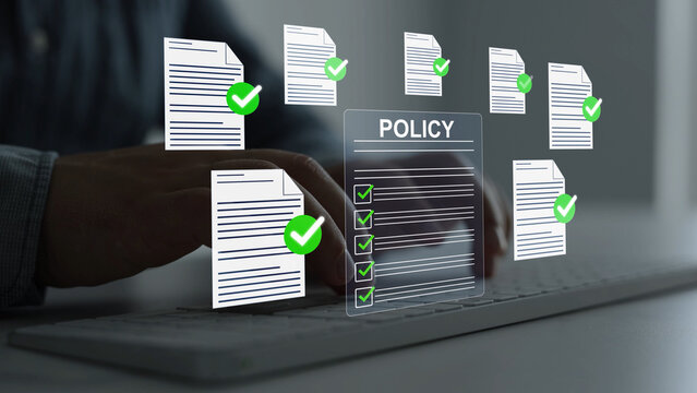 Modern governance, legal standards, policy management ensuring transparency, safety, structured organizational control.Compliance law,corporate rules concept with documents, checkmarks, regulation	
