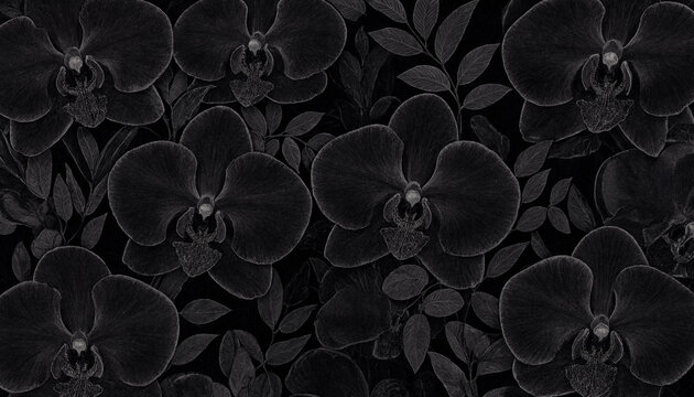 Seamless pattern with dark black orchids and leaves on a black background