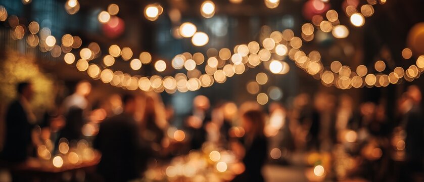 Defocused background of an elegant evening event. Blurred crowd of people at a wedding reception or corporate party under warm glowing string lights. Festive golden bokeh panorama