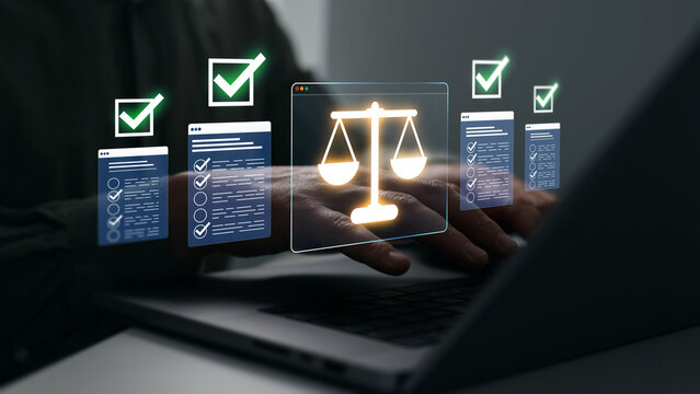 Modern governance, legal standards, policy management ensuring transparency, safety, structured organizational control.Compliance law,corporate rules concept with documents, checkmarks, regulation	
