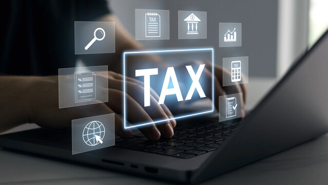 Tax calculation and financial accounting concept. Online taxes, VAT, income, budget planning and digital finance management.	
