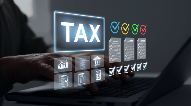 Tax calculation and financial accounting concept. Online taxes, VAT, income, budget planning and digital finance management.	
