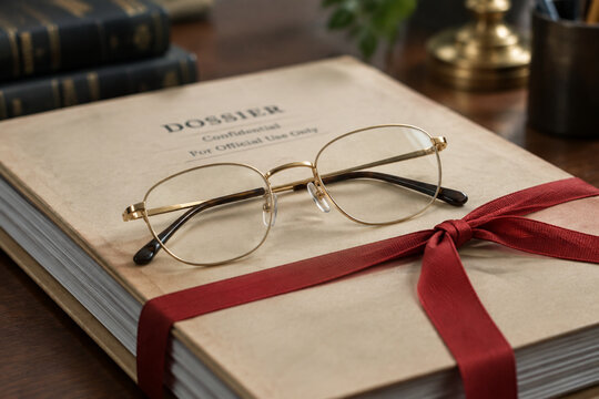 Gold-rimmed eyeglasses resting on a dossier tied with a red ribbon.