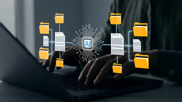 AI document and digital folder concept representing artificial intelligence, data storage, document management, automation, technology and information organization.	

