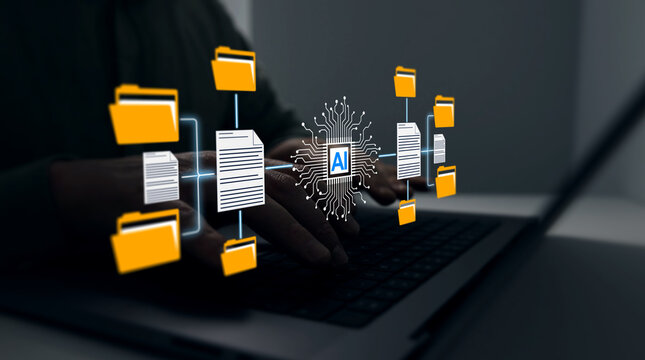 AI document and digital folder concept representing artificial intelligence, data storage, document management, automation, technology and information organization.	
