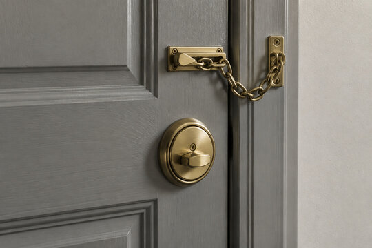 Solid oak door with brass deadbolt and security chain, gray paint, home safety concept