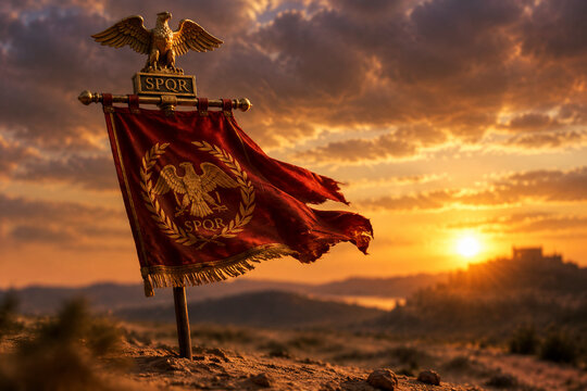 A red Roman legionary standard with a golden eagle planted in sandy soil.