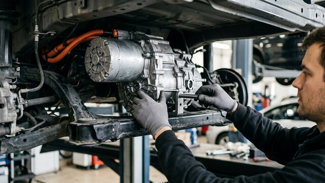 Mechanic in gloves meticulously inspecting the electric motor and drivetrain of a car on a lift in a modern auto repair shop.