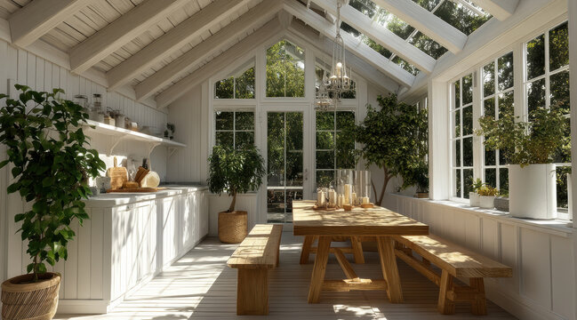Bright kitchen conservatory with wooden table, bench seating, potted plants, glass roof, white walls, natural light, cozy atmosphere