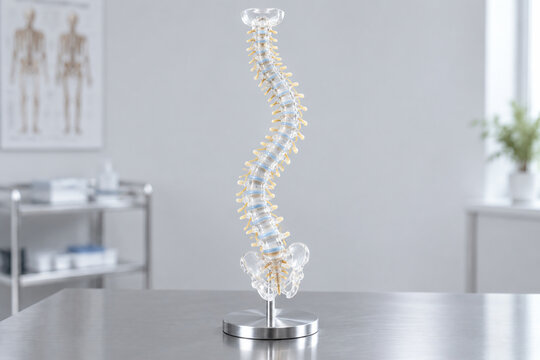 Translucent anatomical model of human spine with lateral S-curve on steel table, scoliosis and medical education concept