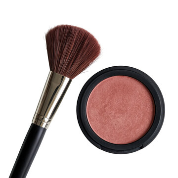 Makeup brush and blush compact arranged on a simple background in