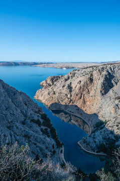 View out to Rab Island ferry point from Zavratnica viewpoint, Croatia