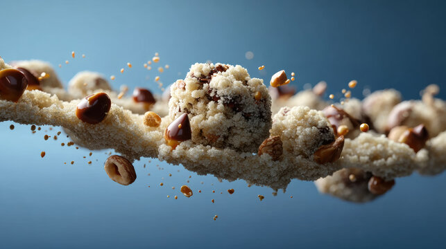 Chopped roasted nut crumb, hazelnut, sugar, and cookie crumble floating in air, dynamic motion, blue background, delicious texture