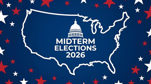 2026 midterm election graphic with US map outline.