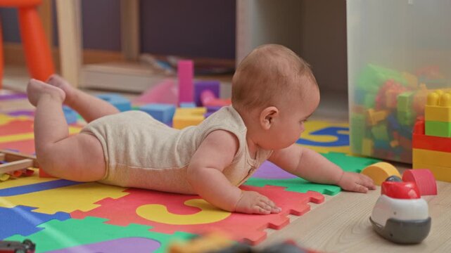 Baby boy lying on stomach reaching with hand for a yellow block near stacked plastic bricks on a colorful foam puzzle mat inside a building; curiosity.