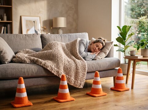Woman sleeping under warm blanket on sofa with traffic cones