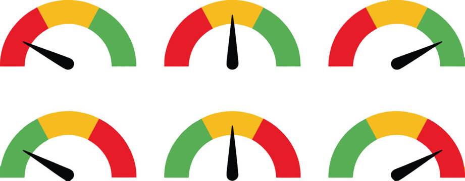 Six speedometer gauges featuring different needle positions for measuring speed performance acceleration and driving conditions