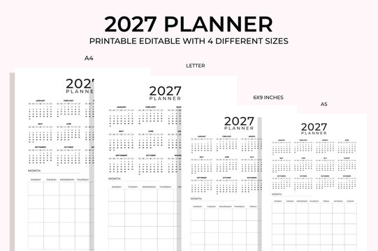 2027 Planner Printable, Monthly Planner, 2027 Calendar, One Page Planner, KDP Interior