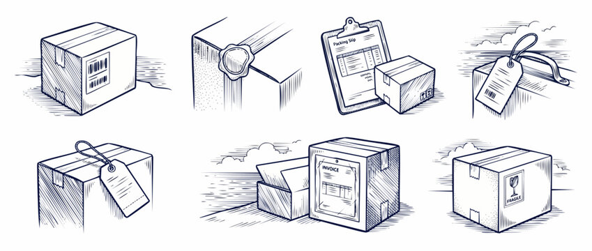 Shipping box logistics vector illustration set showing cardboard package, delivery label, packing slip invoice, tag, and fragile icon in line art sketch style for e-commerce, transport, and supply cha