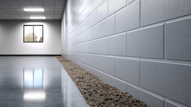 Freshly laid cinder block wall, smooth concrete floor, modern interior, natural light, construction site, clean, minimal style