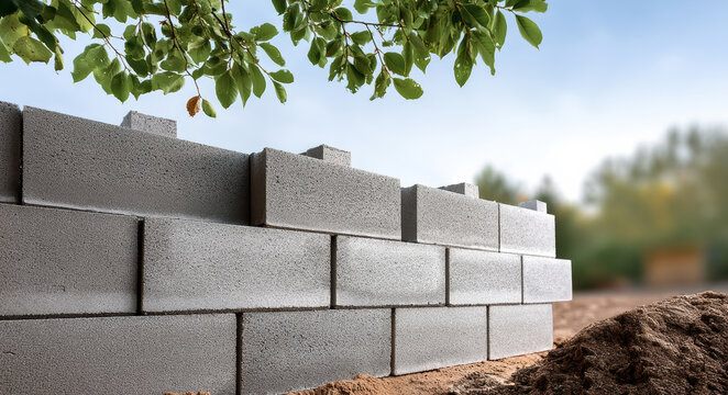 Freshly laid cinder block wall under green tree branch, outdoor construction site, clear sky, natural daylight, calm atmosphere