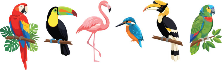 Fototapeta premium A collection of colorful tropical birds including parrots toucans and a flamingo.