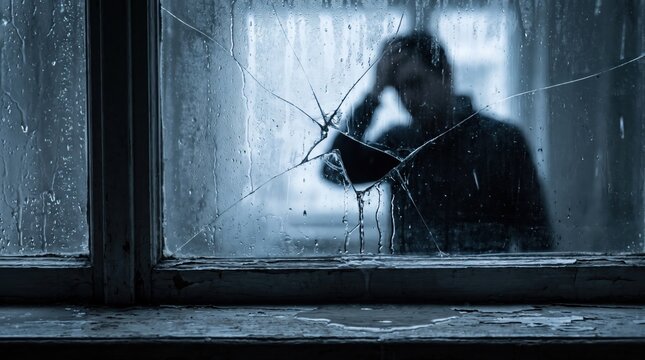 a stressed silhouette person behind a cracked rainy window experiencing depression and life crisis.