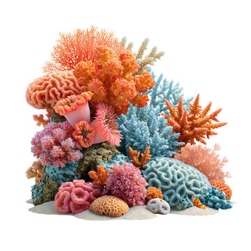 Coral reef from  displayed on a white background showcasing diverse coral species and structures