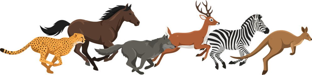 Fototapeta premium A diverse group of wild animals running together in a dynamic horizontal line.
