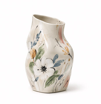 Handmade ceramic vase with floral illustration