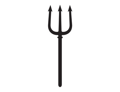 Black devil trident silhouette icon for halloween graphic design and fantasy weapon symbols.
