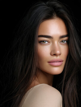 Woman oval face full lips high fidelity smooth skin natural makeup long hair brown hair beauty portrait