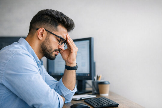 Man in suit with hands on head, struggling with workload