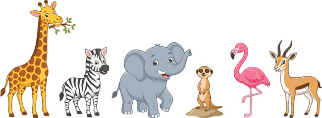 Fototapeta premium A collection of cute cartoon African safari animals standing together in a row.