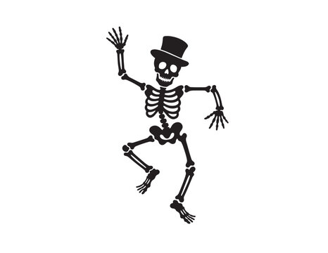 Funny dancing skeleton silhouette wearing top hat isolated on white background.