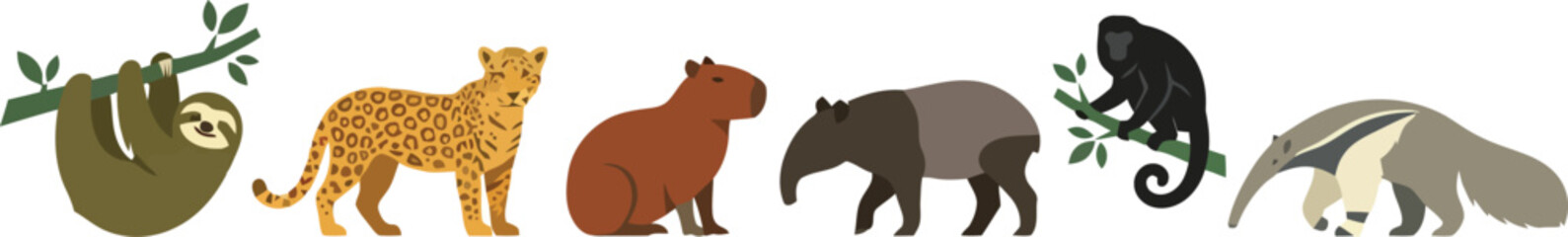 Fototapeta premium A collection of diverse South American rainforest animals illustrated in a row.