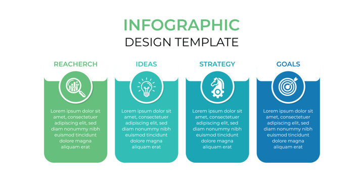 Steps business data visualization timeline process Infographic Design Template With Four Step Process Research Ideas Strategy And Goals Business Presentation Layout Steps Business Data Visualization