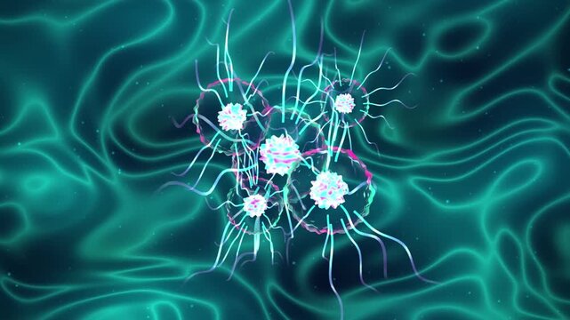 3d render of a cluster of cancer cells or viruses with glowing tentacles floating in a dark teal fluid environment